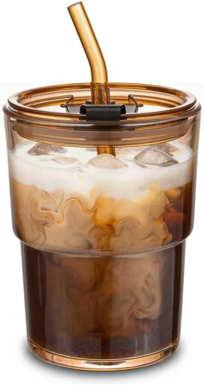 13oz Glass Tumbler with Straw and Leak-Proof Lid, Reusable Iced Coffee Cup by MINGHYZYA