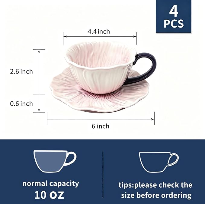KOOV Latte Cup and Saucer Set of 4, Vintage Hand-Painted 10 oz Ceramic - Image 3