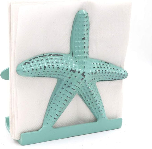 Nautical Starfish Lunch Dinner Metal Napkin Holder Kitchen Beverage Cocktail Ocean Coastal Napkin Holder By The Metal Magician (Distressed Green)
