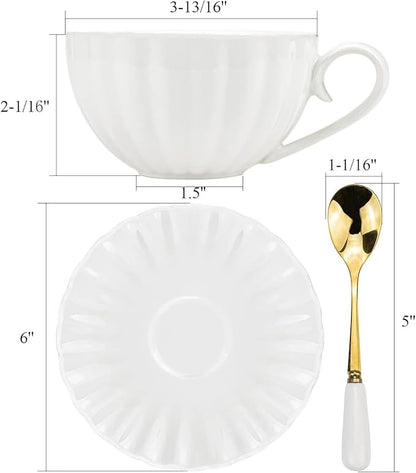 Yesland Set of 6 Royal Tea Cups and Saucers, 6 oz White Porcelain Tea Set & - Image 3