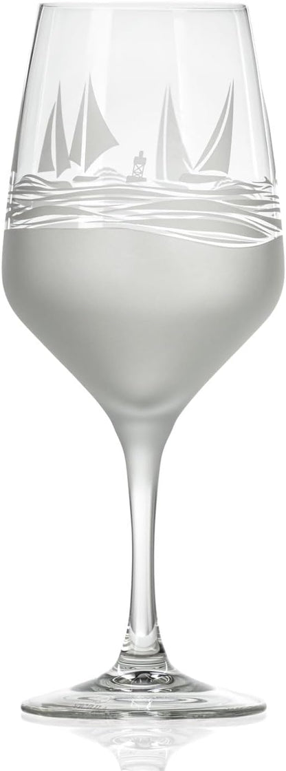 Rolf Glass | Regatta All Purpose Stemmed Wine Glass 19.5 Ounce | Set of 2 | Lead-free Glassware | Elegant Engraved Wine Glass Set | Nautical Sailboat Design