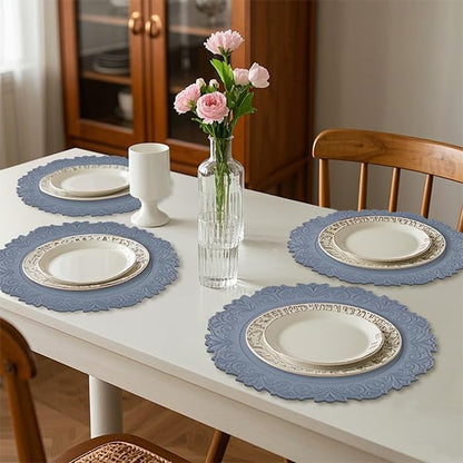 Noctiflorous Round Faux Leather 15 Inch Placemats Set of 4 Waterproof Wipeable Heat Resistant Tablemat for Dining Table Kitchen Non Slip Washable Oilproof Table Place Mat for Indoor Outdoor(Blue, 4)