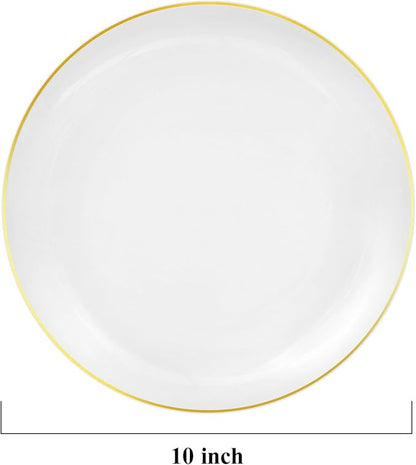 100 PCS Gold and White Plastic Plates, 10 inch White Disposable Plates for Party, Plastic Dinner Plates for Party, Graduation, Birthday, Wedding