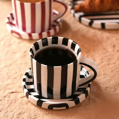 Cup and Saucer Set Hand-Painted Black Stripes, 8 Oz Ceramic Coffee Mug - Image 2