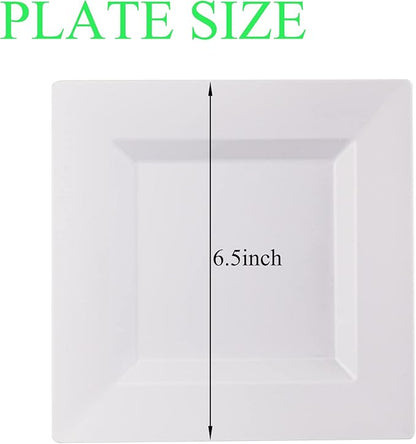 100 Pack White Plastic Square Dessert Plates, 6.5" Disposable Salad Plates Heavy Duty Plates for Party, Wedding, Christmas, Easter