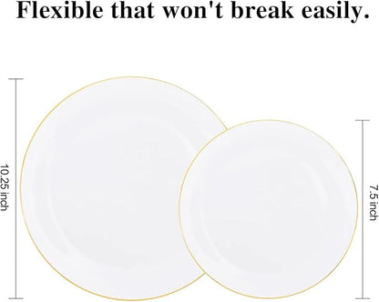 KIRE 100PCS Disposable Plates - White with Gold Rim for Christmas Party/Wedding - Includes 50Pieces 10.25inch Dinner and 50Pieces 7.5inch Dessert/Salad Plates