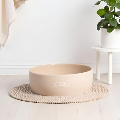 Pearhead Ceramic Dog Bowl – Neutral Taupe “Woof” Design, Holds 3 Cups, Non-Skid Stoneware Pet Feeding Dish, Medium