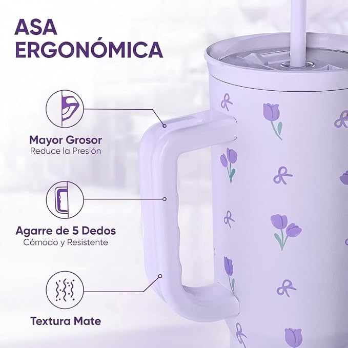 Floral 40oz Tumbler with Handle and Straw – Tulip Insulated Stainless Steel - Image 4