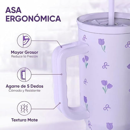 Floral 40oz Tumbler with Handle and Straw – Tulip Insulated Stainless Steel - Image 4