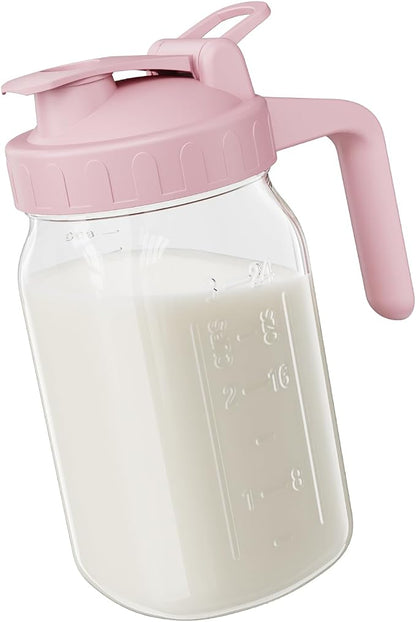 Breast Milk Pitcher, 32 oz Wide Mouth Glass Mason Jar | Dual Leak-Proof Lid by Junvpic