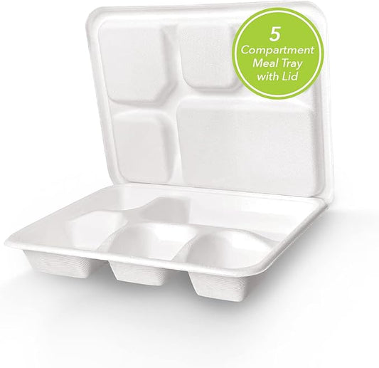 three leaf 5 COMPARTMENT MEAL TRAY WITH LID SET, 200 SETS. Heavy-Duty- Super Strong- Natural- Eco-Friendly Disposable Bagasse Tray with Lid, 100% Biodegradable Plates