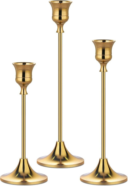 Metal Candle Holders for Candlesticks Taper Candlestick Holders Set Vintage Decorative Centerpiece Candelabra Tall Candle Stands (Gold, 1 Set (3 pcs))