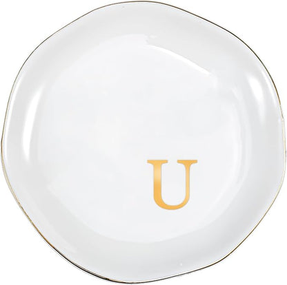 ProCase Ceramic Jewelry Tray, Initial Ring Dish Trinket Plate Engagement Gift, Small Personalized Monogram Ring Bowl for Wedding, White Decorative Jewelry Holder for Women Vanity -Letter U