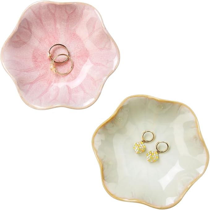 2PCS Lotus Leaf Shape Ring Holder Dish, Small Key Bowl, Ceramic Trinket Tray Jewelry Dish Organizing Necklace Earrings for Mom Friend Sister, All Jewelries Are NOT Included.Pink+Light Green.…