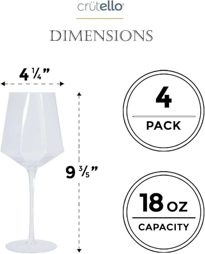 Crutello Vintage Wine Glasses Set of 4-18 oz Glass Sets - Fancy Unique Art Deco Glassware - Long Stemmed Fun Drinking Glasses for Red and White Wine, Cute Cocktail, or Fun Mocktails