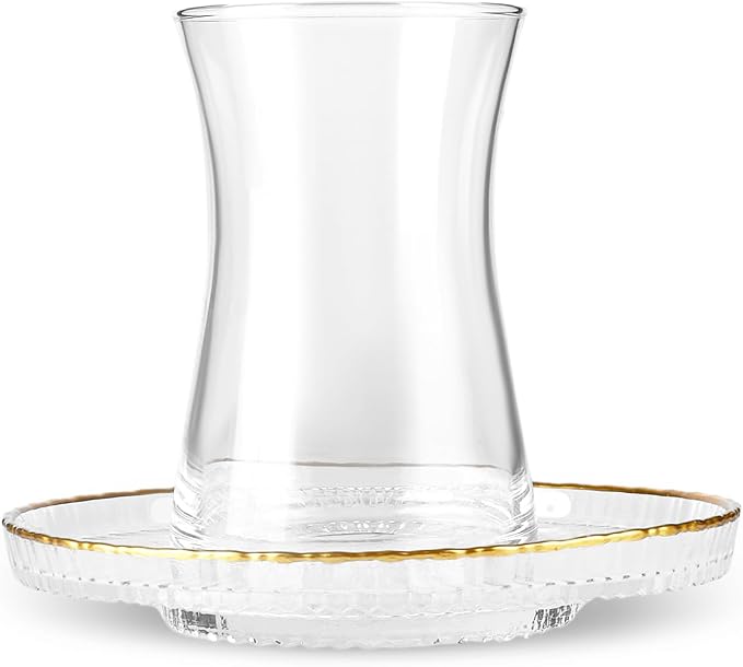 KARACA Nilufer 12-Piece Turkish Tea Glass & Saucer Set, 5.7 oz Gold Trim Clear - Image 6