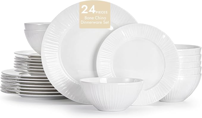 24Pc Textured White Bone China Set Service by KINGSTONE