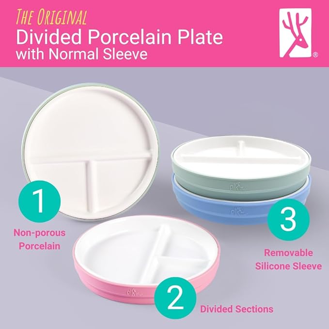 Elk and Friends Kids 6.7” Porcelain Divided Plates with Silicone Sleeves | Suitable for Babies/Kids/Toddlers | Microwave & Dishwasher Safe | Non Slip | Snack Dishes