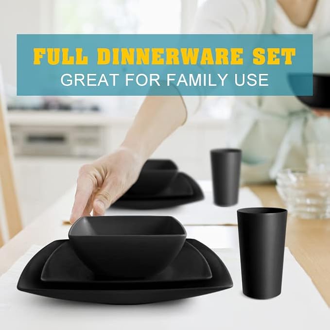 Teivio 16-piece Plastic Wheat Straw Square Dinnerware Set - Image 6