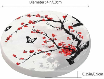 Cherry Branch Drink Coasters Modern Foliage Butterfly China Classic Blossoming Oriental Ink Culture Housewarming Presentss for New Home Present for Friends,2 Pcs,4 X 4 X 0.35 Inches