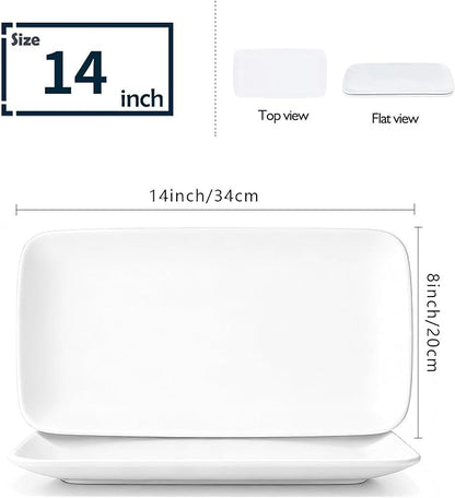 White Serving Platters Set of 2 – 14 Inch Rectangular Serving Platters, Large Porcelain Serving Platters for Party, Appetizers, Sushi, Steak & Dessert