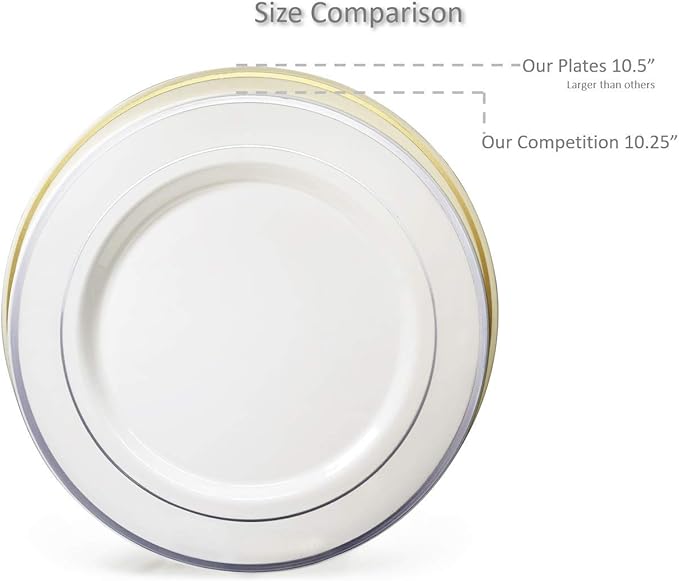 OCCASIONS 240 Plates Pack,(120 Guests) Heavyweight Premium Wedding Party Disposable Plastic Plates Set -120 x 10.5'' Dinner + 120 x 7.5'' Salad/Dessert plates (Celebration White & Rose Gold)