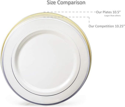 OCCASIONS 240 Plates Pack,(120 Guests) Heavyweight Premium Wedding Party Disposable Plastic Plates Set -120 x 10.5'' Dinner + 120 x 7.5'' Salad/Dessert plates (Celebration White & Rose Gold)