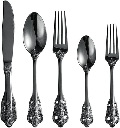 Black Silverware Set for 16 Premium 18/10 Stainless Steel Flatware Set Palace Style 80 Piece Cutlery Tableware Utensils Embossed Decorative Handle Knives Forks and Spoons for Home Christmas Wedding