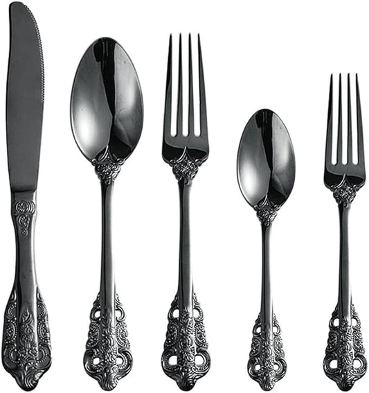 Black Silverware Set for 16 Premium 18/10 Stainless Steel Flatware Set Palace Style 80 Piece Cutlery Tableware Utensils Embossed Decorative Handle Knives Forks and Spoons for Home Christmas Wedding