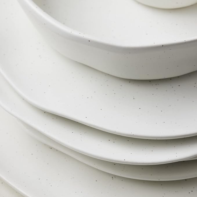 Stone by Mercer Project HEKONDA Modern Debossed Stoneware 16-Piece Dinnerware Set, Plate and Bowl Set, Dish Set for 4, White Speckled