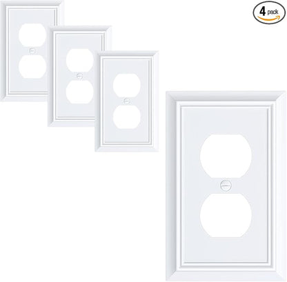4-Pack Duplex Outlet Cover Plate, Decorative Pure White Switch Plates and Outlet Covers, Natural Bamboo Fiber Wall Plates for Electrical Outlets, 1 Gang Receptacle Cover, Corrosion Resistant