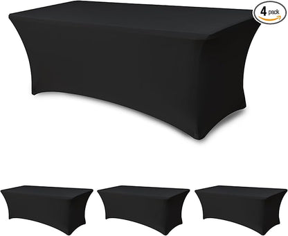 Spandex Table Cloths for 8 Foot Rectangle Tables-4 Pack Fitted Stretch Black Table Covers-Elastic Folding Tablecloths for Party, Vendor Booth Display, Banquet Buffet Event, Craft Trade Show