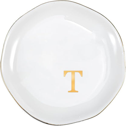 ProCase Ceramic Jewelry Tray, Initial Ring Dish Trinket Plate Engagement Gift, Small Personalized Monogram Ring Bowl for Wedding, White Decorative Jewelry Holder for Women Vanity -Letter T