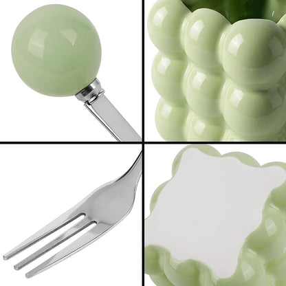 6 Piece Stainless Steel Fruit Fork Set Ceramic Holder Cyan | 304 Reusable - Image 3