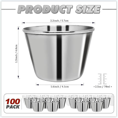 DJZZ 100 Pcs Metal Sauce Cups 2.5oz Ramekins, Stainless Steel Dipping Sauce Cups Metal Condiment Container Reusable Round Butter Dressing Restaurant Small Bowls (100)