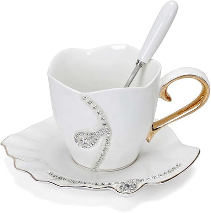 7 Oz Luxury Rhinestone Ceramic Coffee Cup and Saucer Set by Unknown