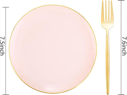 Rubtlamp 200Pcs Plastic Pink Dessert Plates with Disposable Gold Forks,Heavy Duty Pink Disposable Salad Platos,Gold Small Platos,Fancy Appetizer Plates for Mother's Day