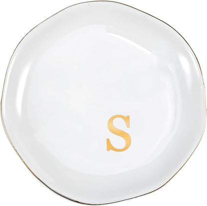 ProCase Ceramic Jewelry Tray, Initial Ring Dish Trinket Plate Engagement Gift, Small Personalized Monogram Ring Bowl for Wedding, White Decorative Jewelry Holder for Women Vanity -Letter S