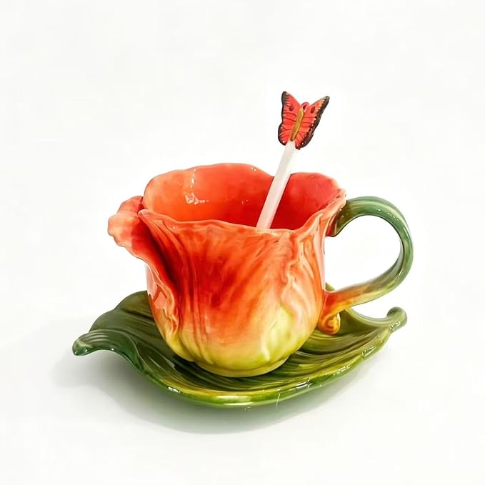 Ceramic Tea Cup and Saucer Set ，6OZ 3D Hand-Painted Flower Coffee Mug，Gift by Minigift
