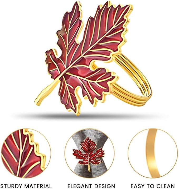 Decozen Set of 16 Red Gold Napkin Rings in Leaf Design, Festive, Table Decor Setting for Holiday, Wedding, Birthday, Kitchen, Home Decor, Housewarming Gift - Thanksgiving & Christmas Gift Decoration