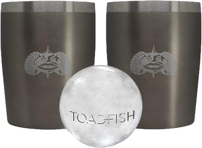 Toadfish Non-tipping 10oz Double Wall Insulated Stainless Steel Rocks Tumbler 2-Pack Gift Set w/Ice Ball Tray & Easy Slide Lid - Graphite