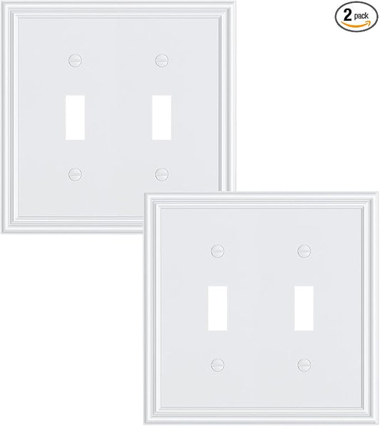 2-Pack Double Toggle Light Switch Cover Plate, Durable Solid Zinc Alloy Decorative Dual Switch Plate Covers, Pure White 2 Gang Wall Plate, Corrosion Resistant