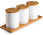 Lucky Goddness Ceramic Sugar Bowls with Bamboo Lids and Spoons-June Sky Muti-Functional Round Condiment Jar for Home- Spice Storage Canister,10.8 oz 320 ML,3 Pcs Set