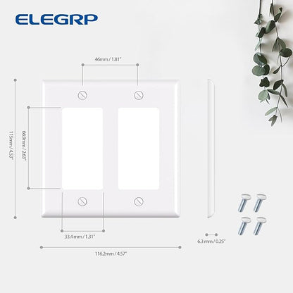 ELEGRP 2-Gang Decorative Wall Plates 2 Pack, Standard Size 4.53" H x 4.57" L Unbreakable Thermoplastic Faceplate Cover for Decorator Receptacle Outlet Switch, UL Listed (Glossy White)