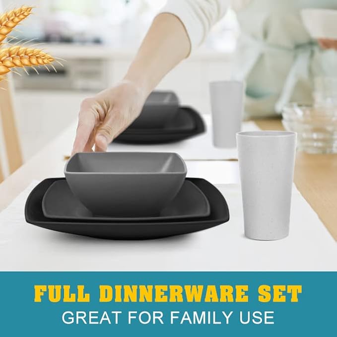 Teivio 16-piece Plastic Wheat Straw Square Dinnerware Set - Image 7