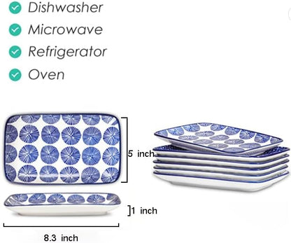 Selamica Ceramic 8 inch Rectangular Salad Plates, Dinner Plates, Pasta Dessert Plates for Appetizer, Sushi, Fruit - Microwave/oven/Dishwasher Safe, Set of 6, Vintage Blue