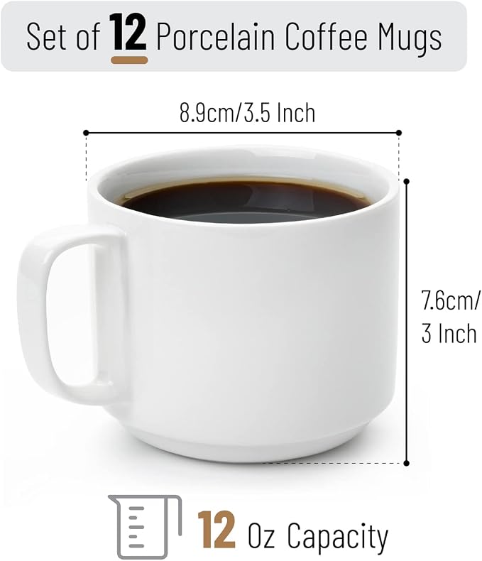 BTaT- Porcelain Stackable Coffee Mugs, 12 Pack, 12 oz, Dishwasher and Microwave - Image 2