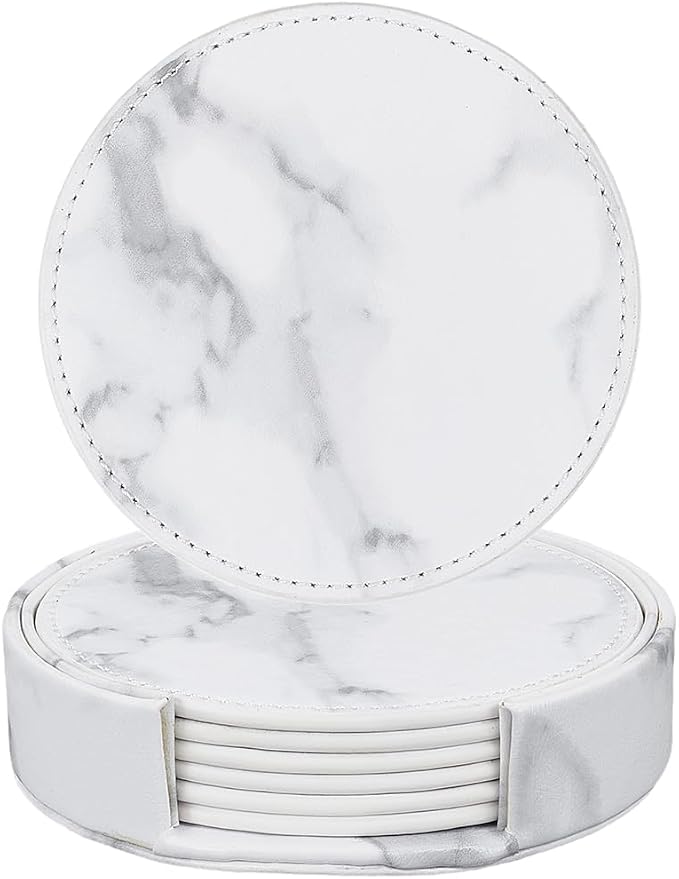 6PCS White Marble Non Slip PU Leather Coasters - Image 6