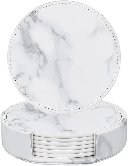 6PCS White Marble Non Slip PU Leather Coasters - Image 6