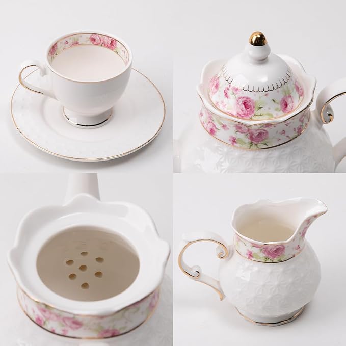 Sweejar 21 Piece Porcelain Tea Set, Vintage British Floral Relief Gold Rimmed - Image 4